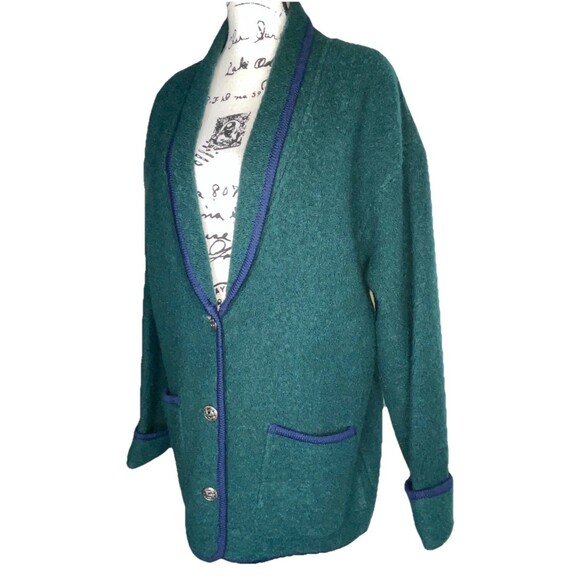Vtg BellePointe Boiled Wool Cardigan Jacket XL Green Gold Buttons Navy Trim Prep - Picture 8 of 12